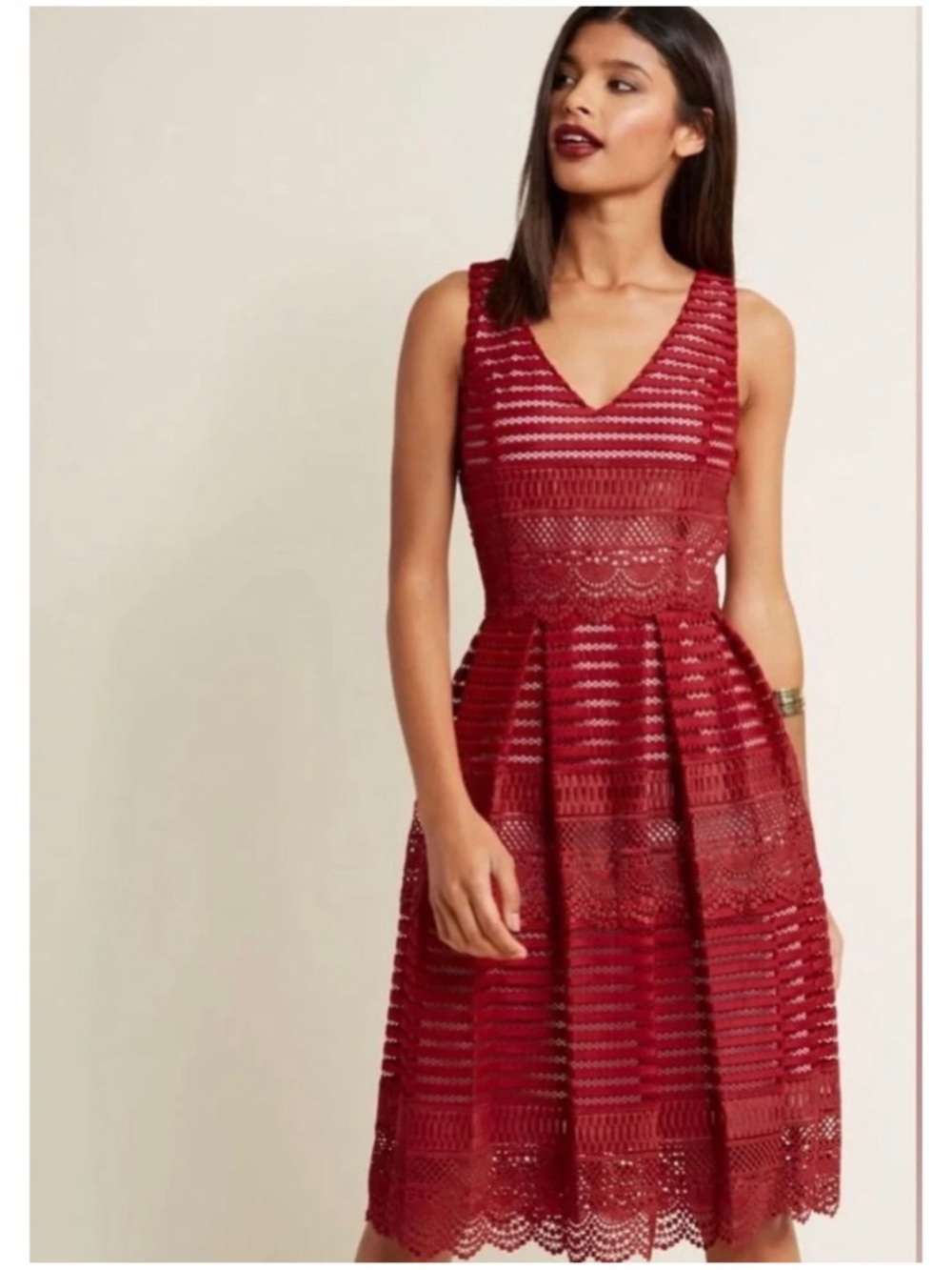 Modcloth Women’s Sz S Ruby Red Crochet Lace Stripe Overlay Fit & Flare Dress